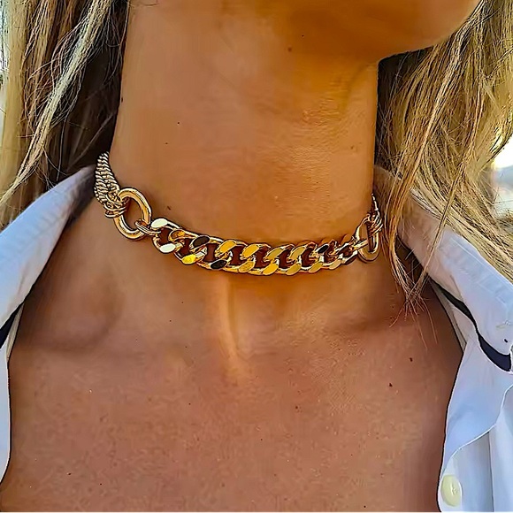 Gold Chain Link O Ring Choker Necklace Statement Cuban Chain Link Gold Plated. - Picture 4 of 9